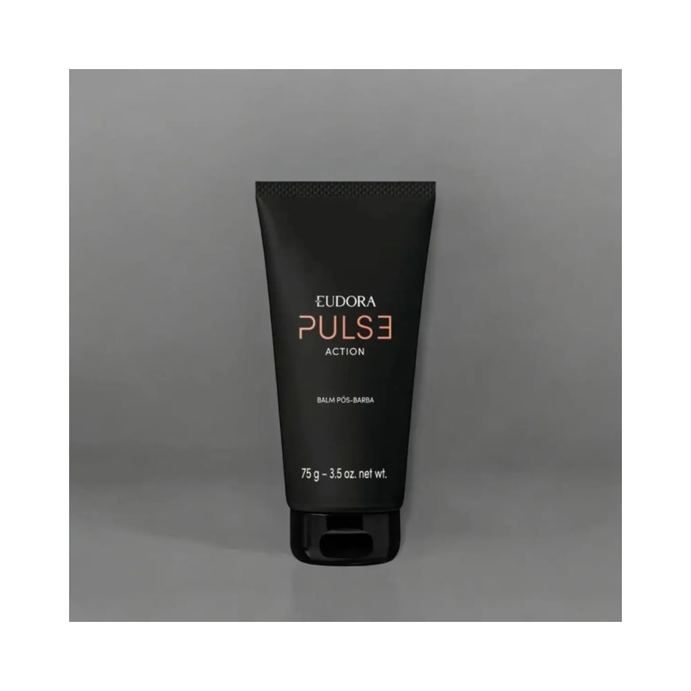 Balm pós-barba Eudora Pulse Action em embalagem preta fosca sobre fundo cinza